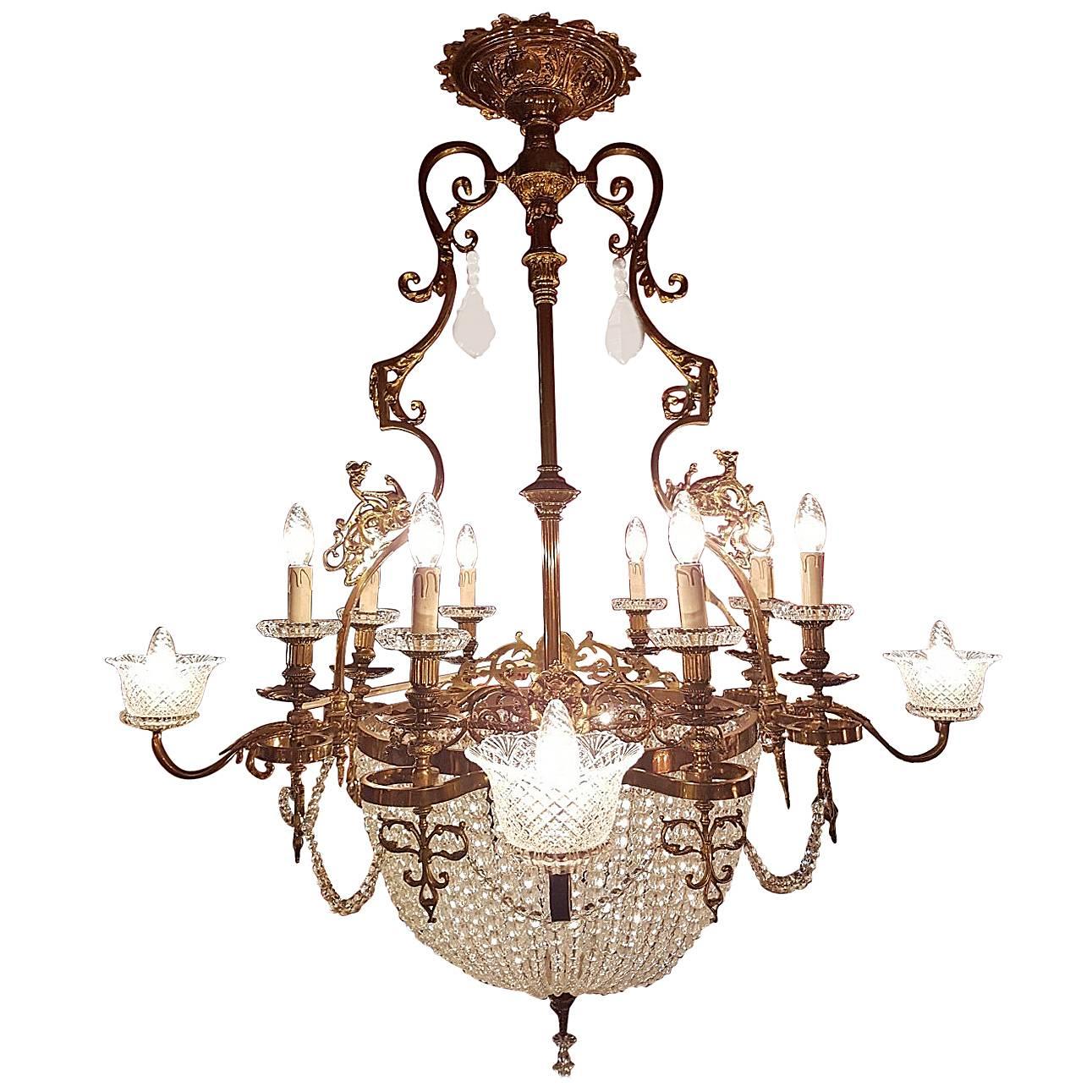 French Brass Empire Style Sac a Pearle Chandelier with Baccarat Crystal For Sale