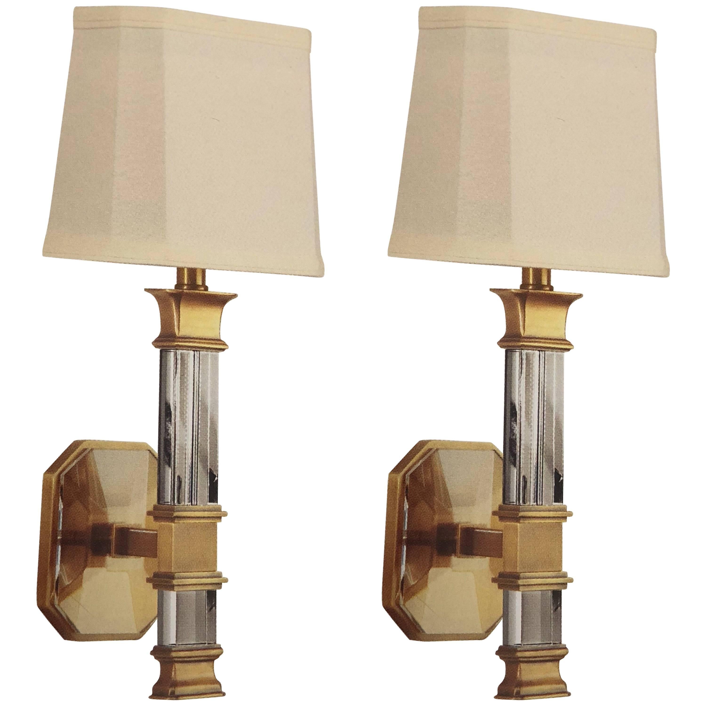 2 Pairs Italian Mid-Century Modern Style Solid Crystal and Antique Brass Sconces