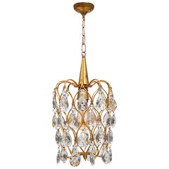 Gilt Birdcage Pendant Light with Pear Shaped Crystal Teardrops, Italy