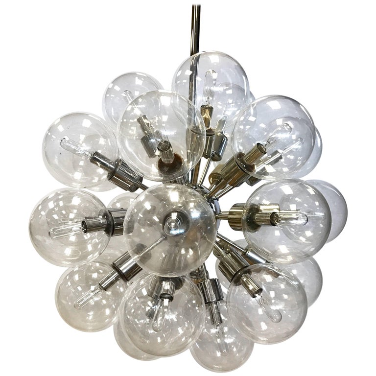 Lustre Suspension Vintage Spoutnik 6 Feux - Laiton Et Globes En Verre Moulé
