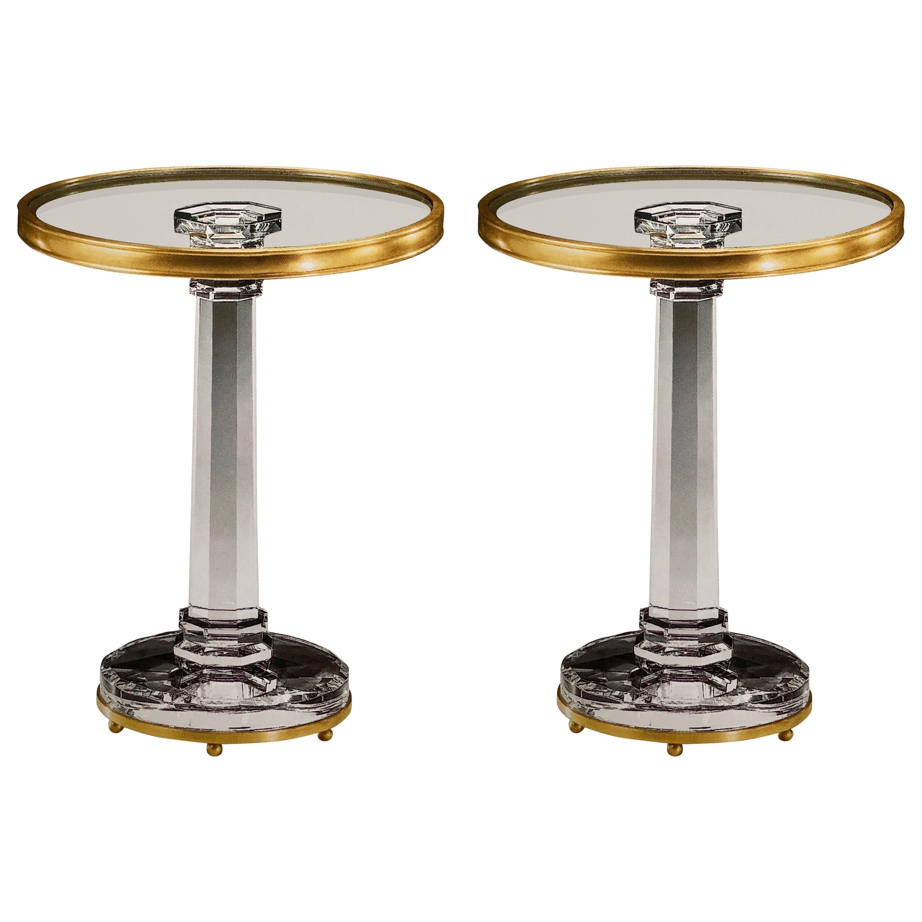 Two Italian Mid-Century Modern Style Solid Crystal and Antique Brass Side Tables