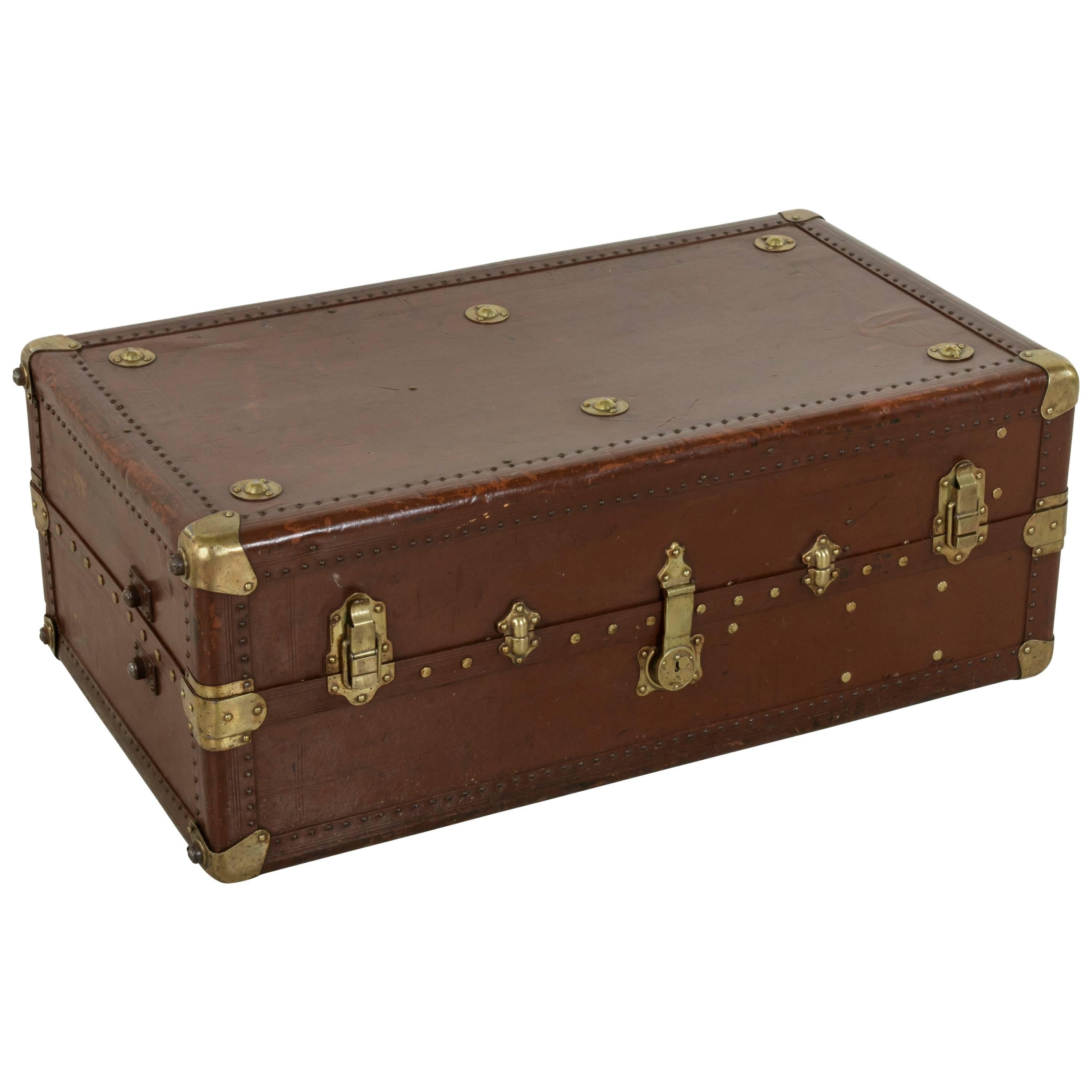 French Leather Steam Trunk or Coffee Table with Brass Detailing, circa 1900
