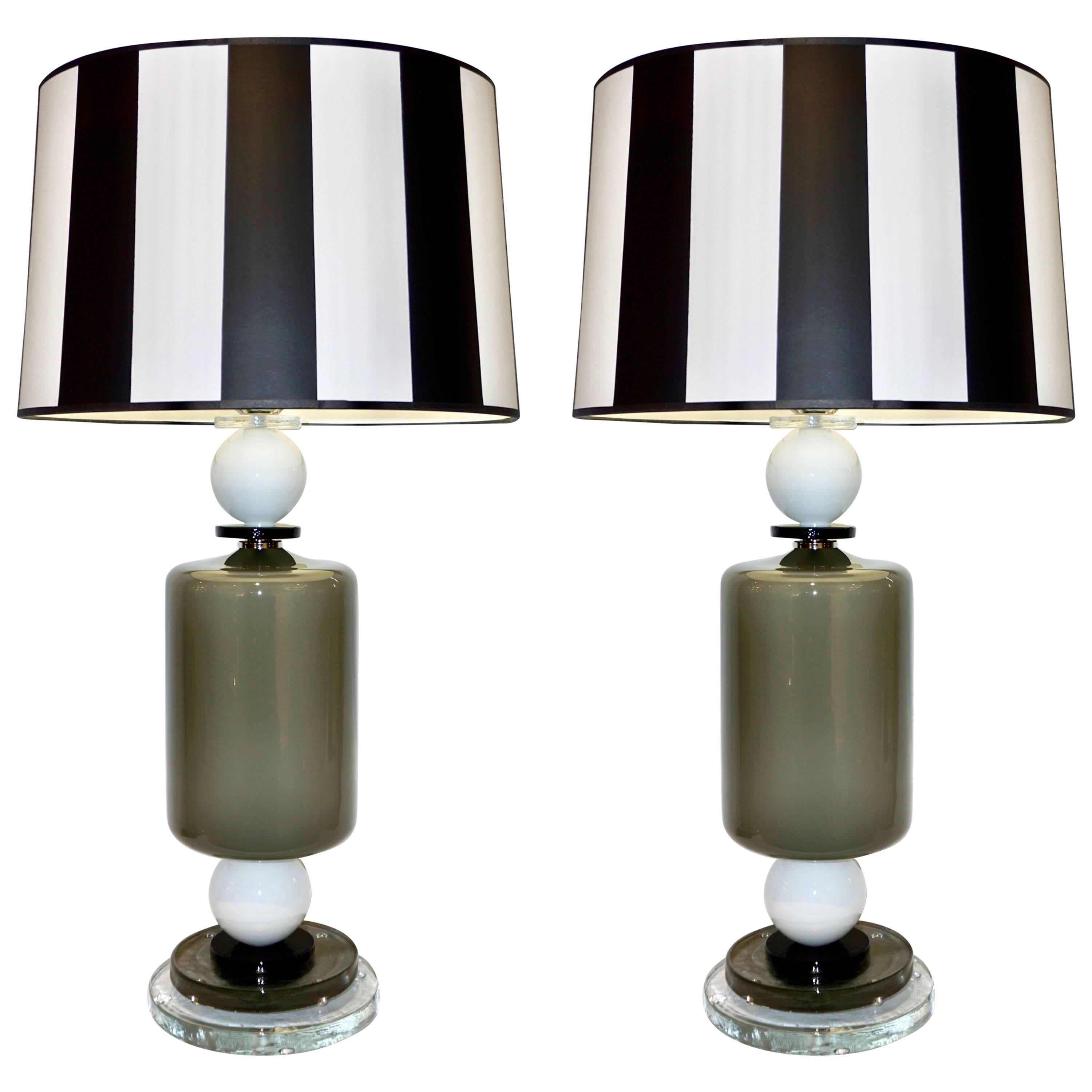 1980s Italian Geometric Pair of White Black and Silver Gray Murano Glass Lamps