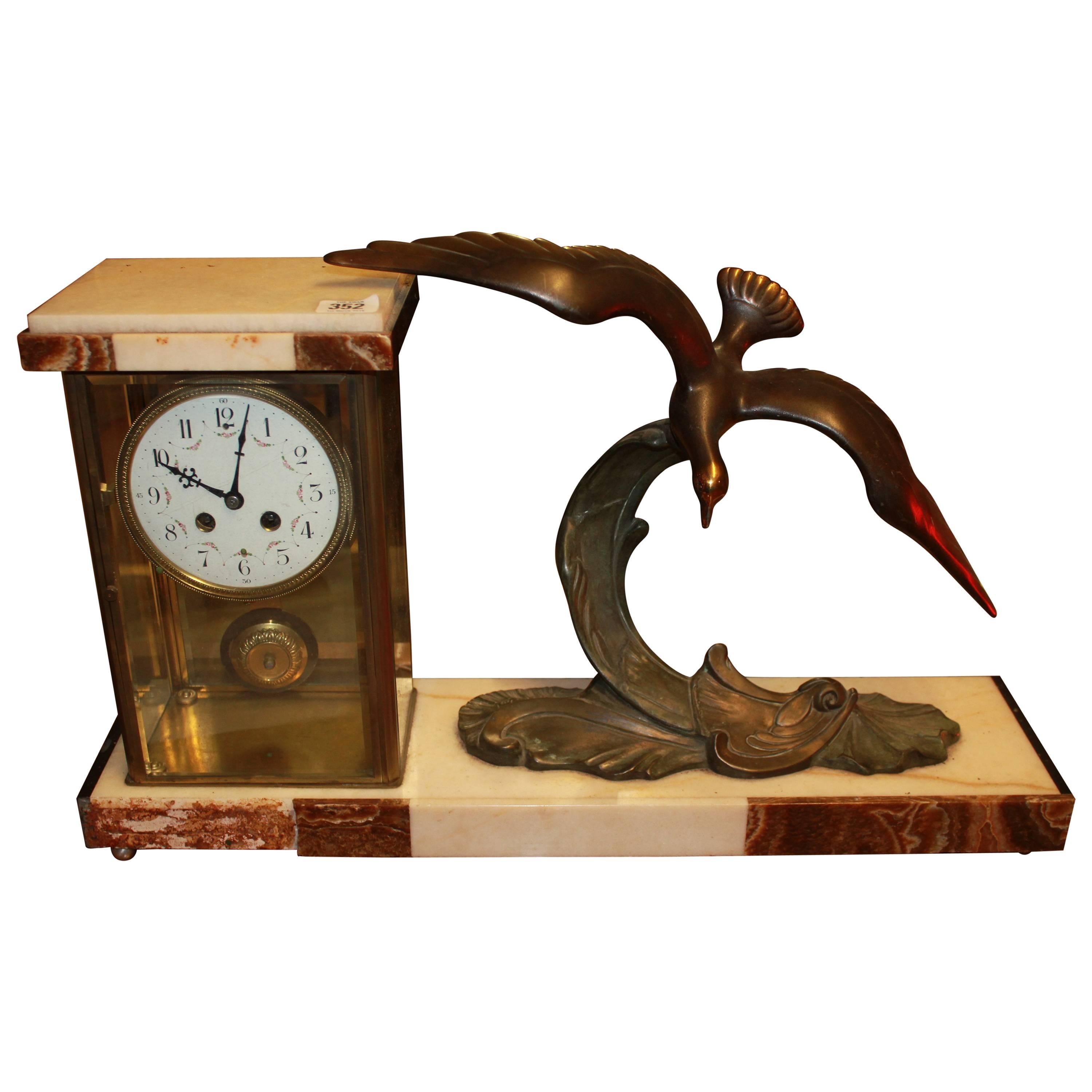 Art Deco Bronze and Marble Figural Mantle Clock For Sale