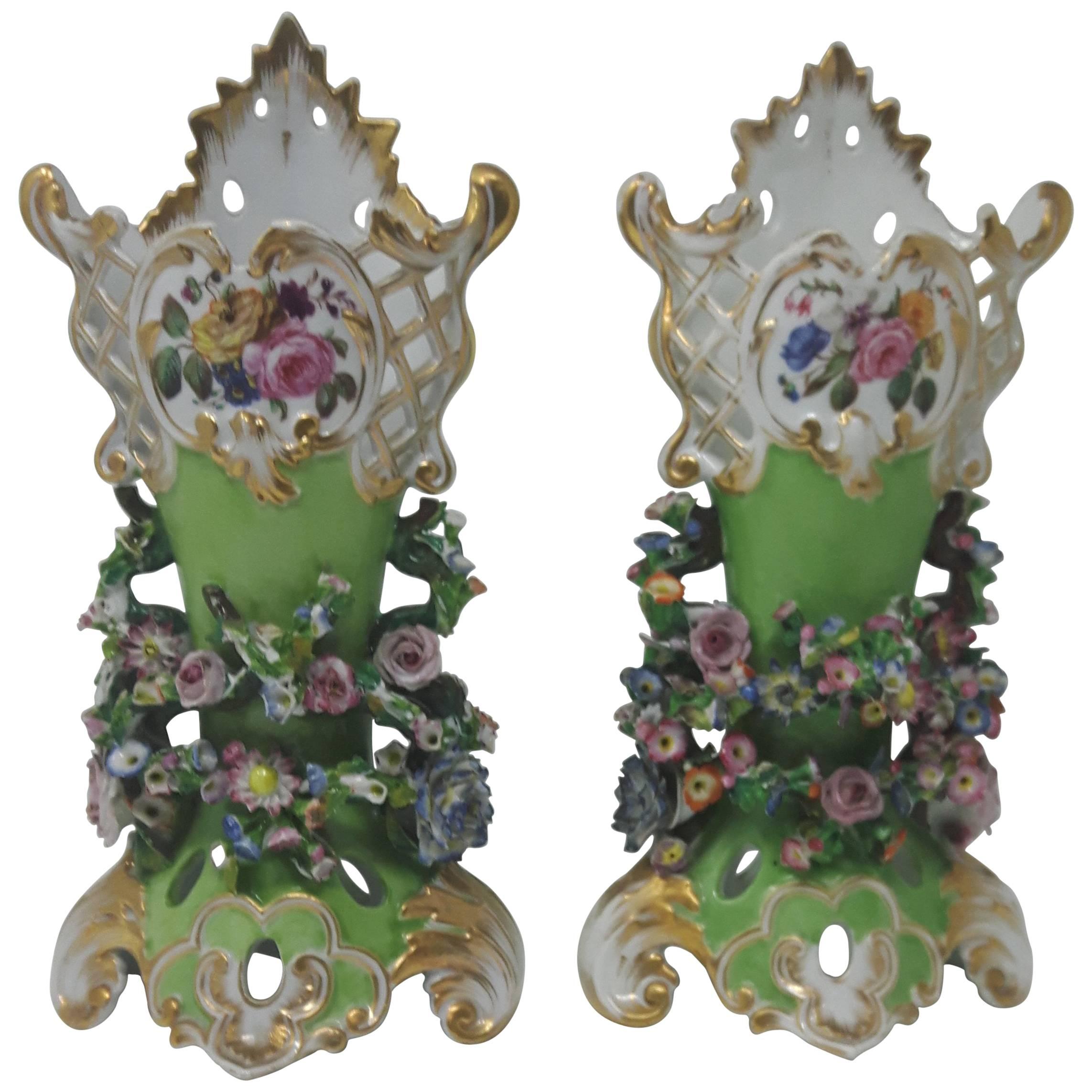 Pair of 19th Century Flower Encrusted Vases For Sale