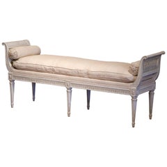 19th Century French Louis XVI Carved Painted Banquette with Back & Beige Fabric