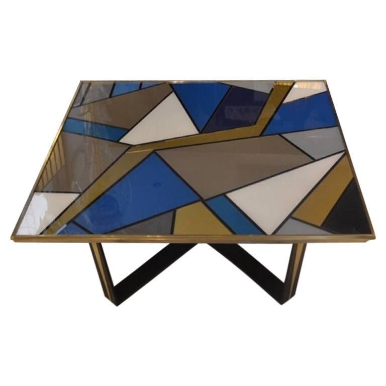 Italian Multicolored Opalines Glass Coffee Table Brass Fittings Italian Multicolored Opalines Glass Coffee Table Brass Fittings 1980s For