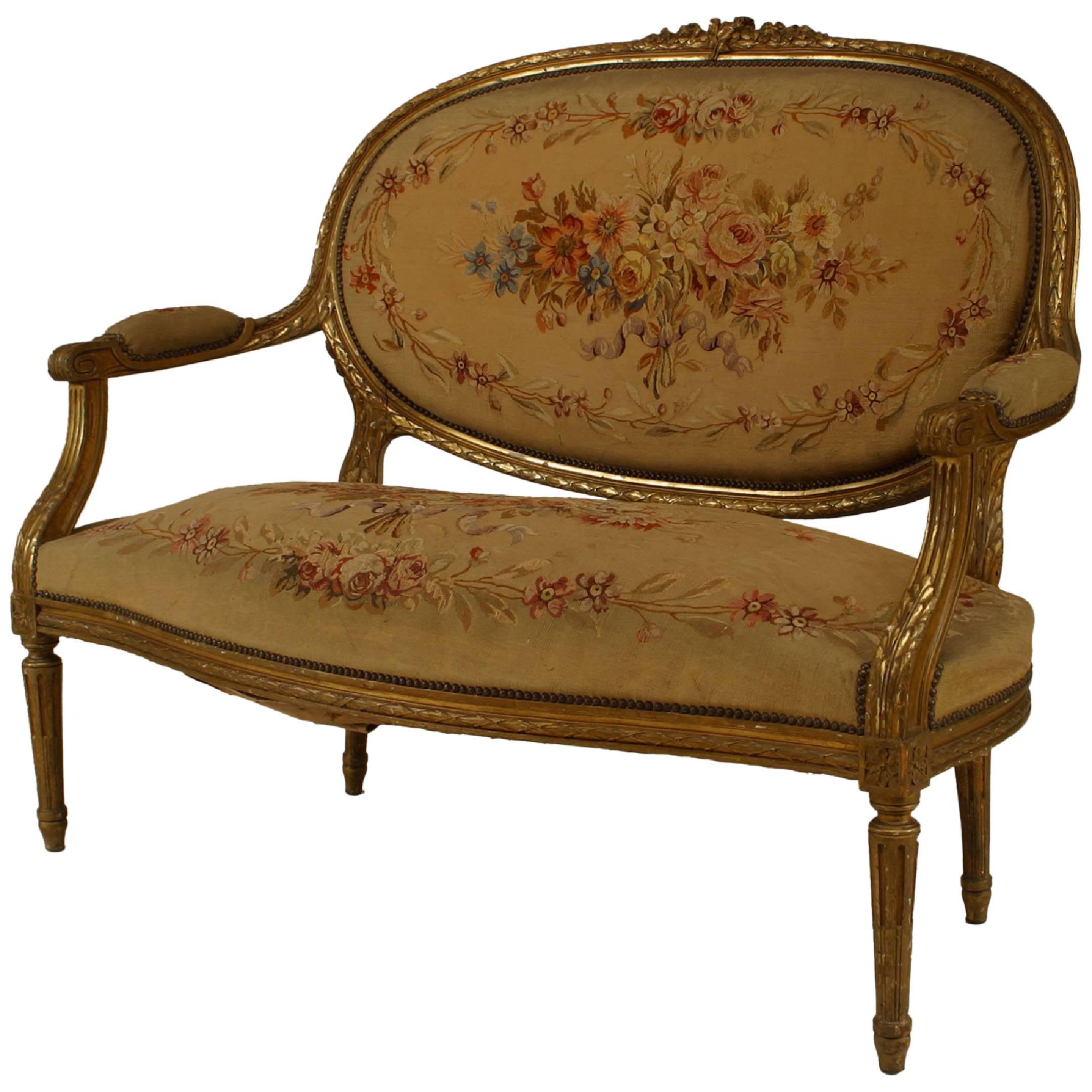 French Louis XVI Style Aubusson Upholstered Loveseat For Sale