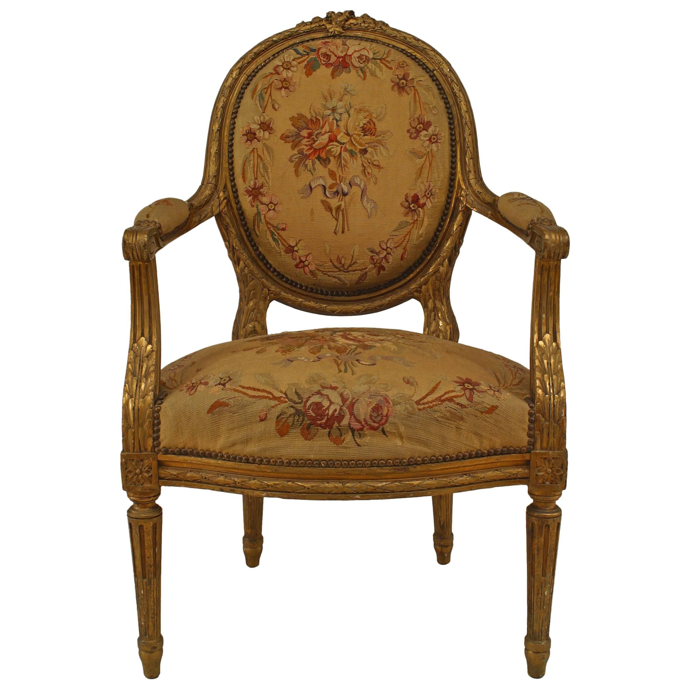 French Louis XVI Style Aubusson Upholstered Armchairs For Sale