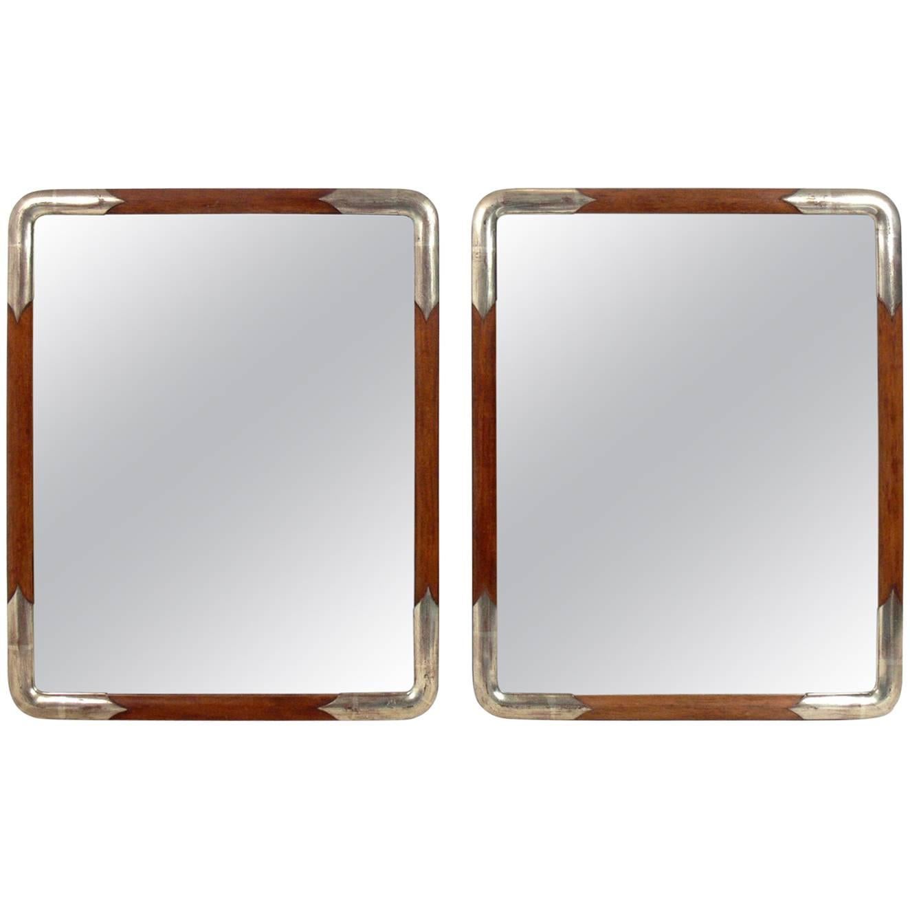 Pair of Silver Leafed and Natural Wood Japanese Mirrors