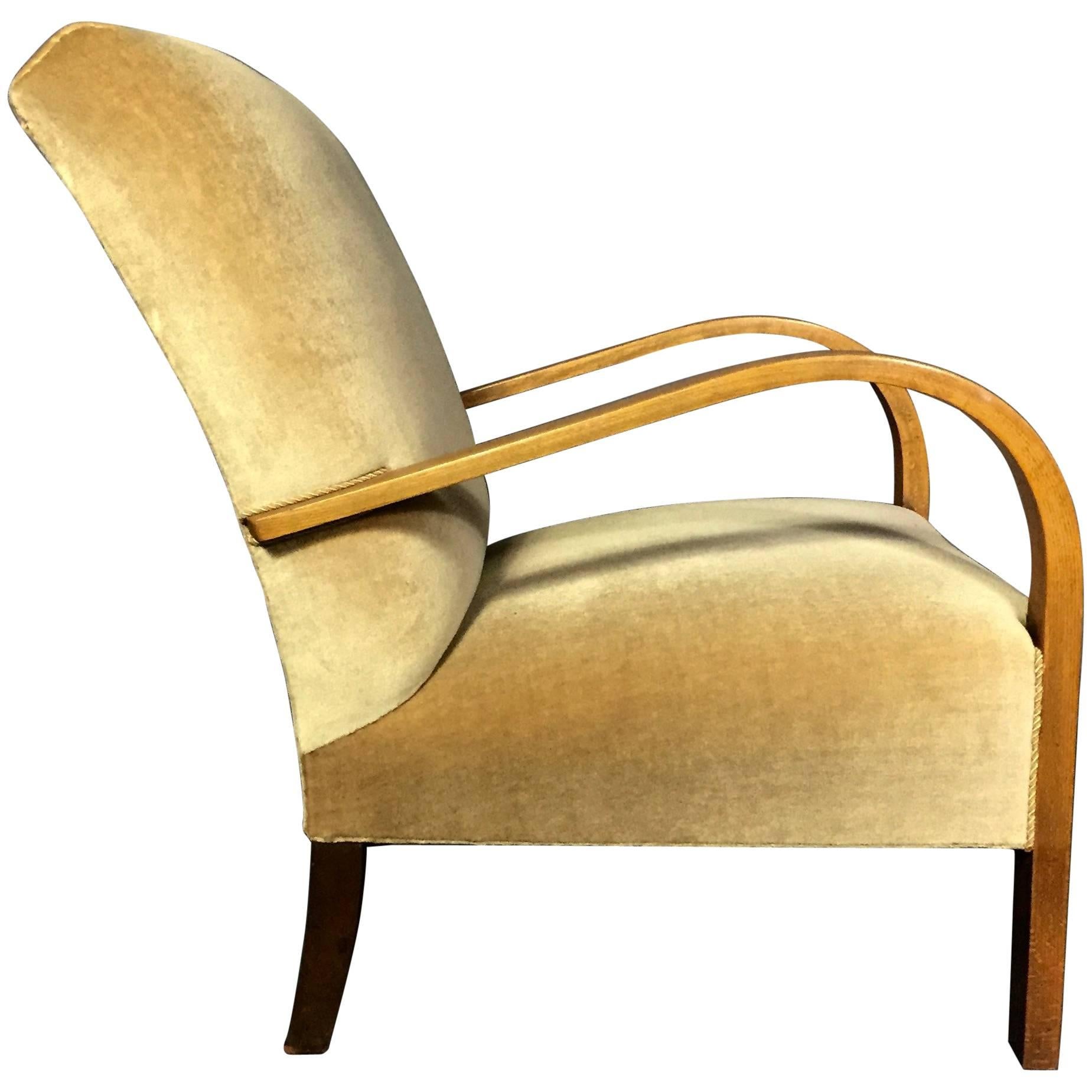 1940s Danish Beech and Camel Mohair Armchair For Sale