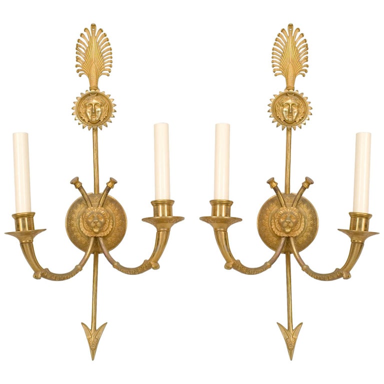 Pair of French Empire Style Gilt Bronze Lion Medallion Wall Sconces For