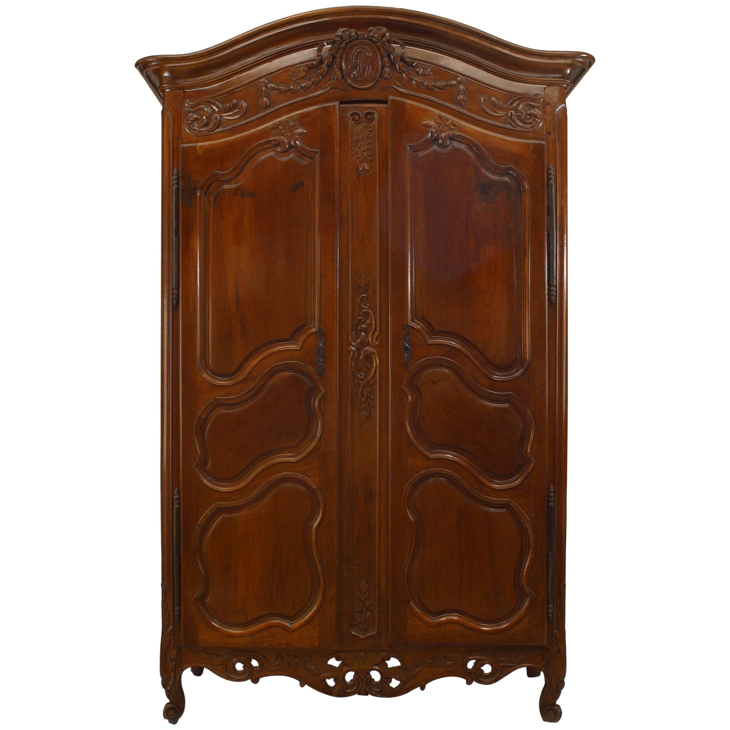 French Provincial Carved Walnut Armoire For Sale