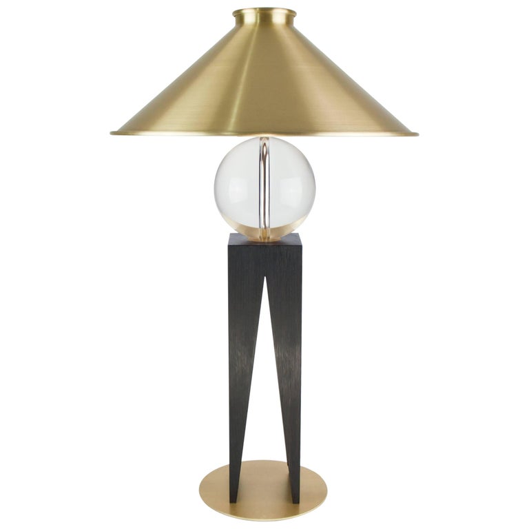 Contemporary V Lamp Extra Large, Geometric Oak Base, Glass Sphere and Brass For Sale