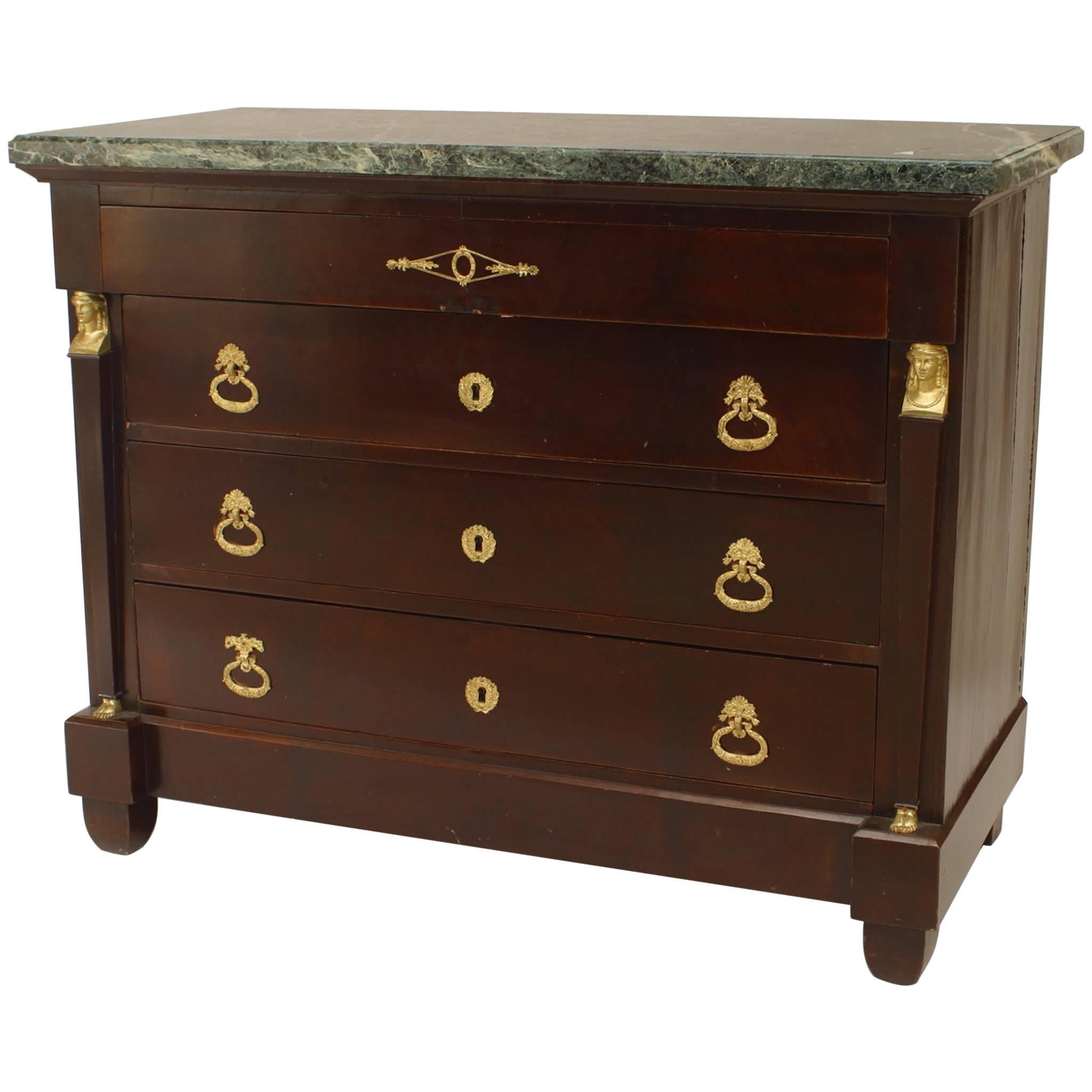 French Empire Style Mahogany Chest with Green Marble Top For Sale