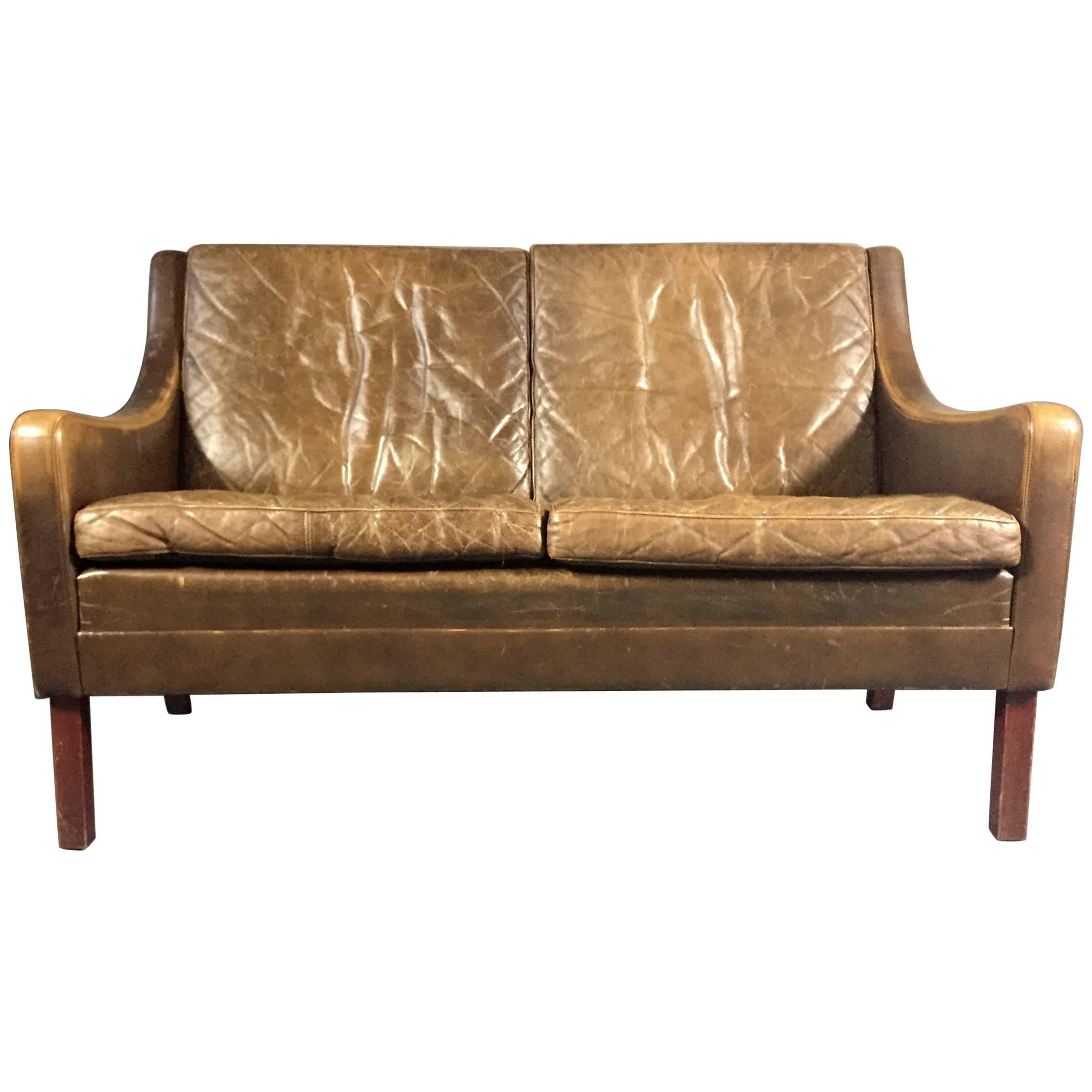 Danish 1960s Vintage Cognac Leather Two-Seat Sofa