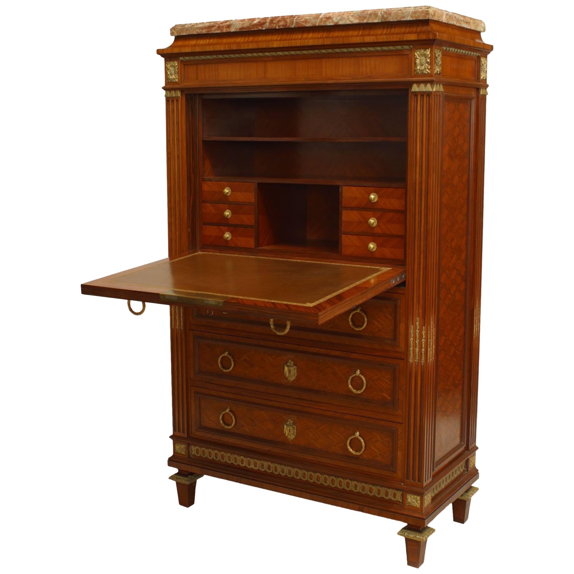 French Louis XVI Style 19th Century Parquetry Inlaid Drop Front Secretary For Sale