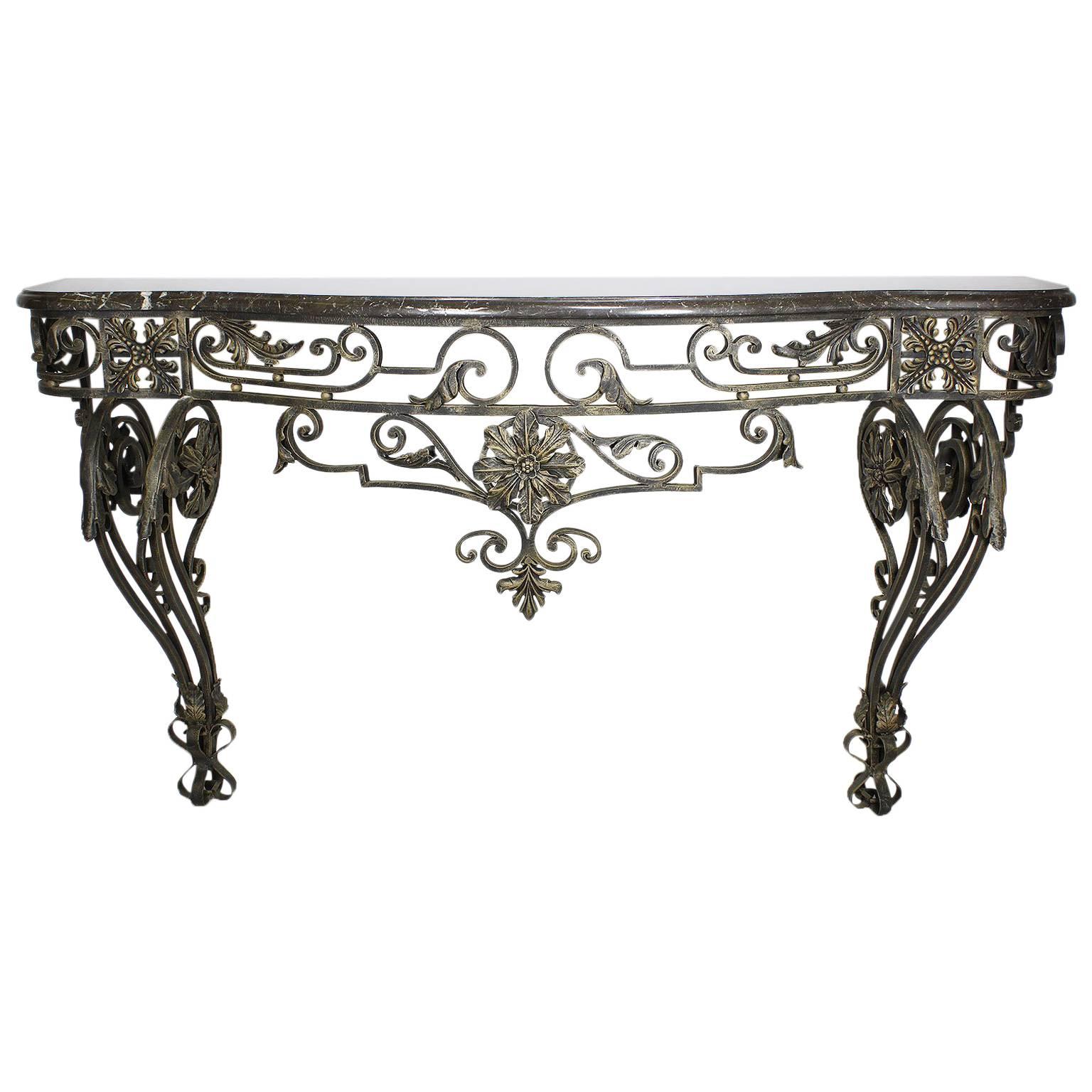 French Louis XV Style Wrought Iron Wall Console with Marble Top