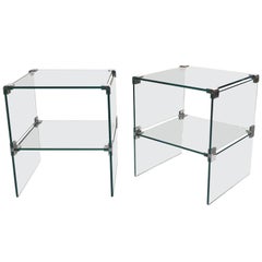 1970s Italian Vintage Pair of Two-Tier Nickel & Crystal Clear Glass Side Tables