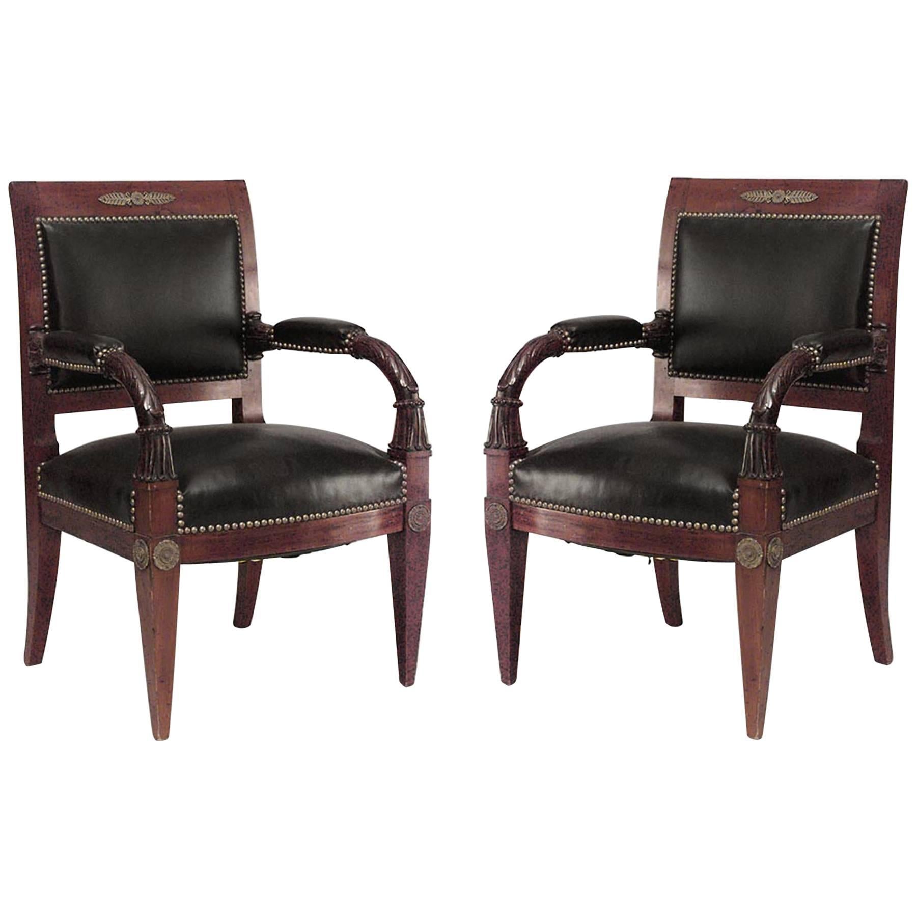 Pair of French Empire Mahogany Leather Armchairs For Sale