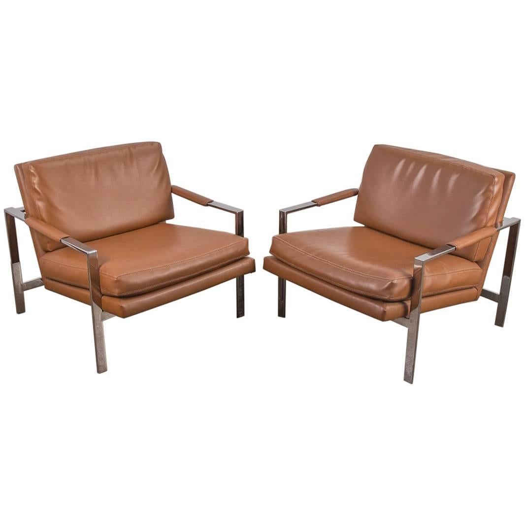 Pair of Milo Baughman Cognac Chrome Lounge Chairs