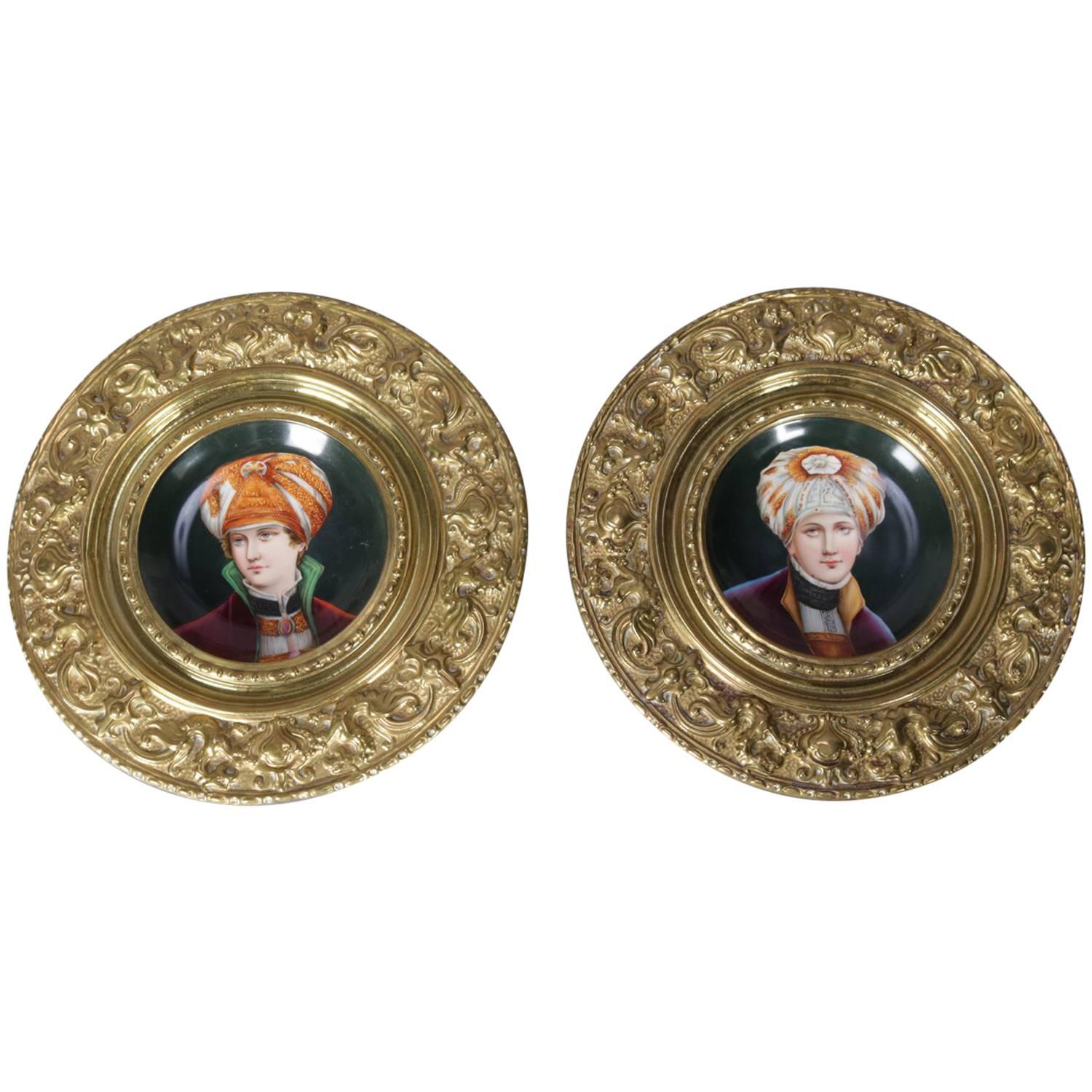 Two Hand-Painted Porcelain Maharaja Portrait Plates, India, Embossed Frame