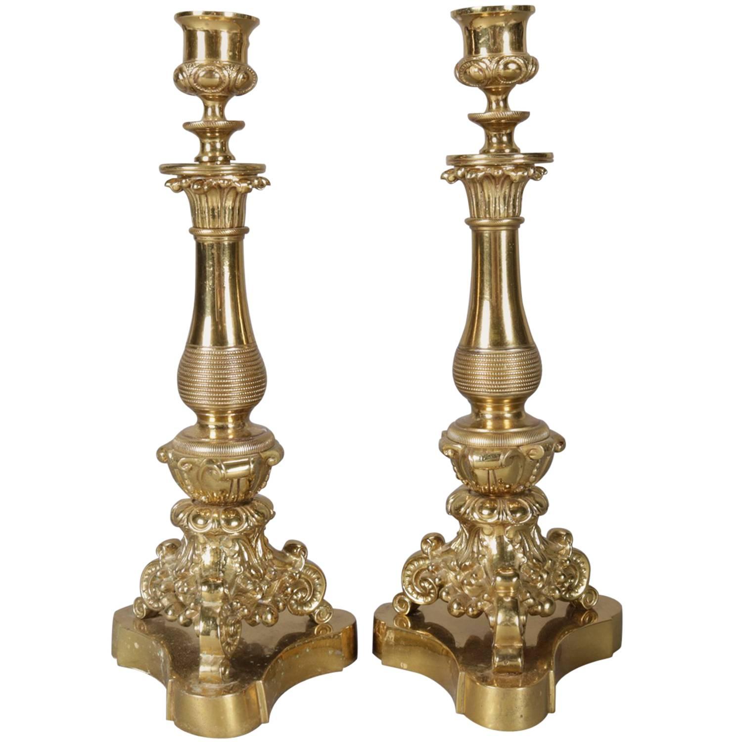 Pair of French Louis XIV Style Corinthian Column Gilt Candlesticks, 19th Century