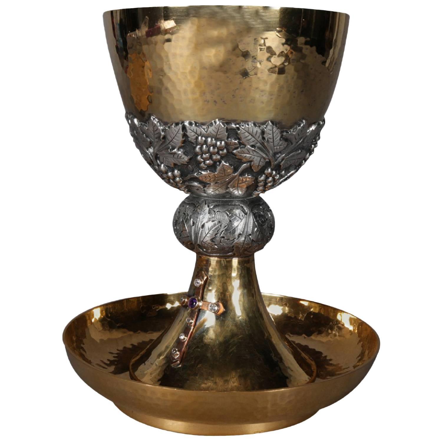 Jeweled Hand-Hammered Brass Communion Chalice with Cross, Made in Spain