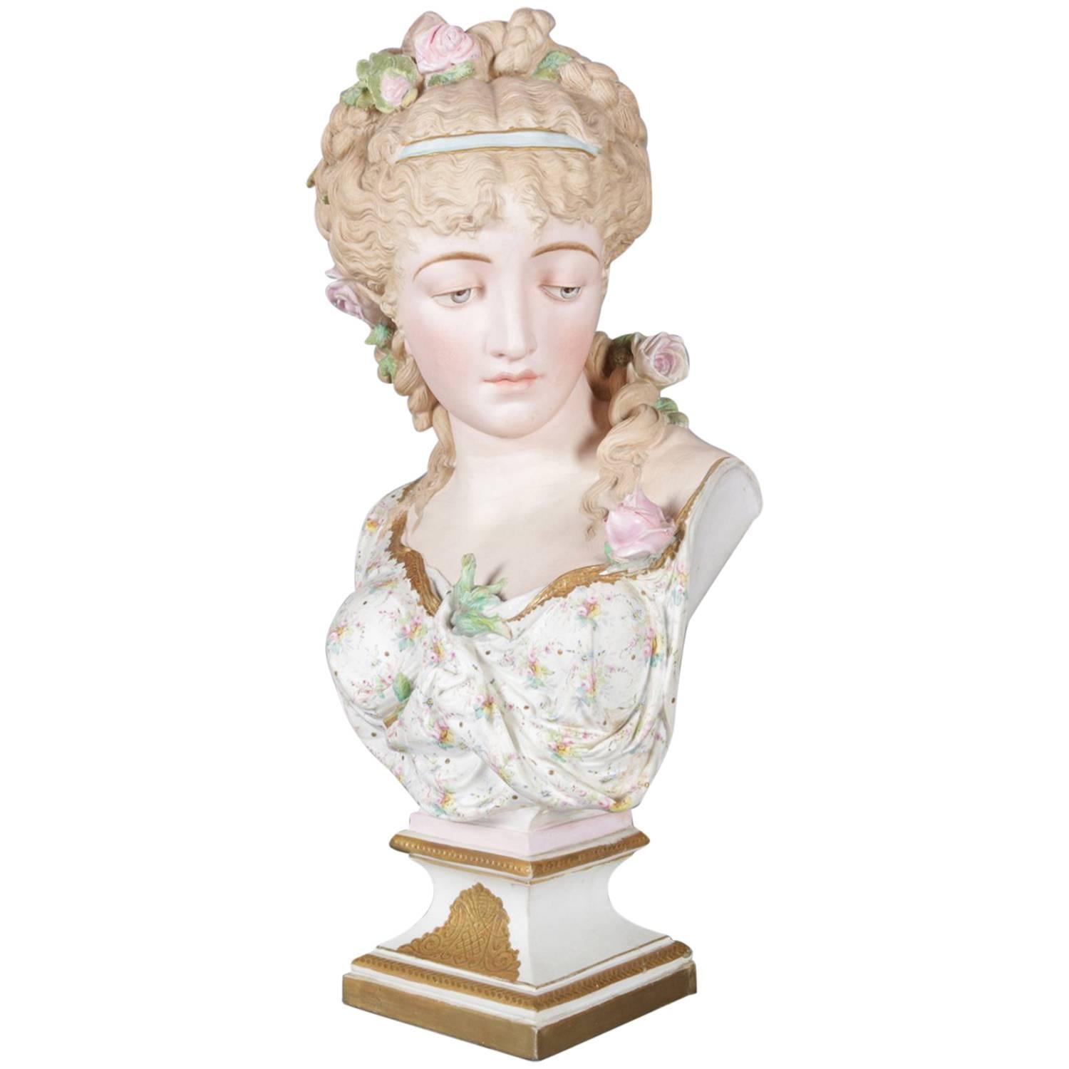 Antique English Hand-Painted Gilt Chelsea Bisque Porcelain Portrait Bust