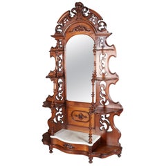 Antique Victorian Carved Walnut and Marble Single Drawer Étagère Hall Pier Mirror
