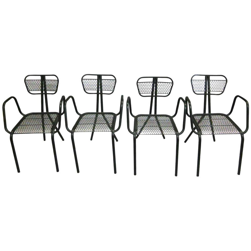 Set of Eight French Mid-Century Modern Enameled Steel Dining Chairs For Sale