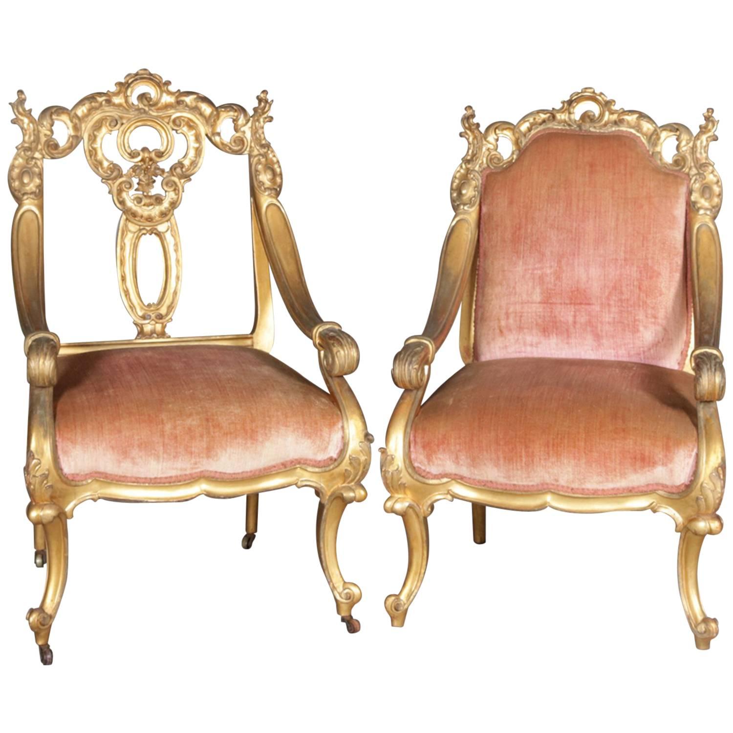 Pair of French Rococo Style Carved Giltwood Velvet Upholstered Armchairs