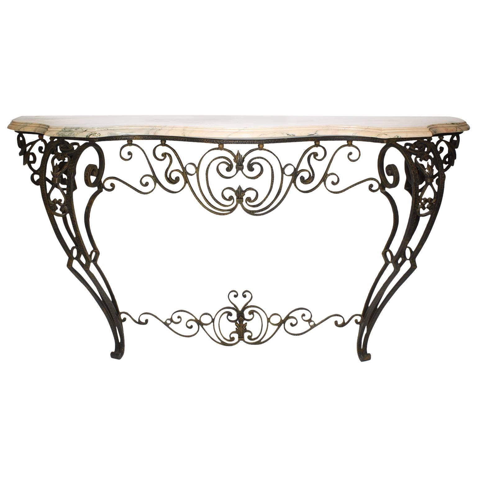 French Louis XV Style Wrought Iron Wall-Mounting Console with Marble Top