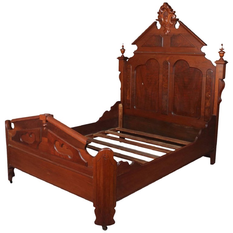 Antique French Rococo Style Carved Mahogany and Kingwood Full Bed Frame