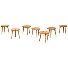 Set of Seven Low Stools with Beautiful Details, Probably Produced in Sweden