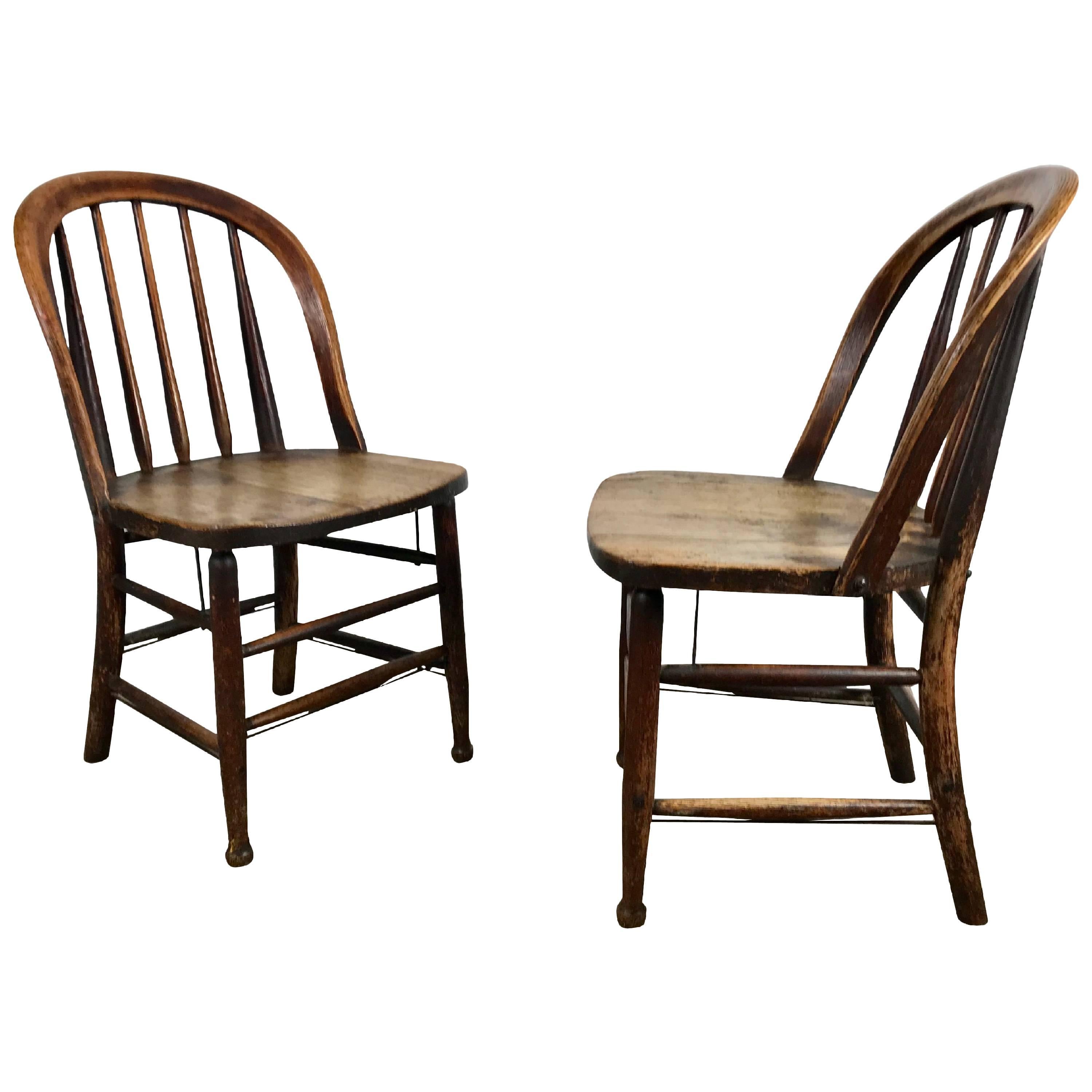 Pair of Early Oak Antique Industrial Side Chairs by Heywood Wakefield