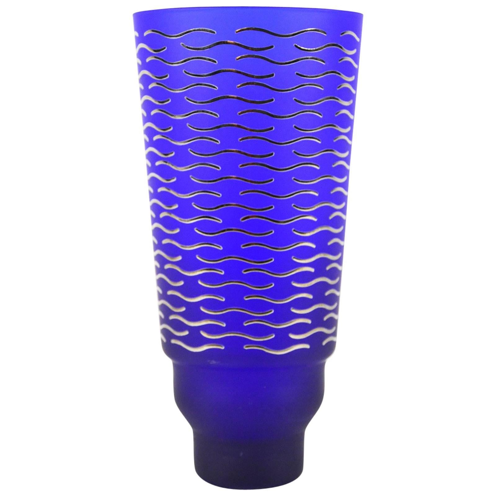 Italian Blue and Silver Glass Vase by Sottsass Associati  For Sale