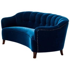 Curved Sofa in Blue Velvet Attributed to Otto Schulz