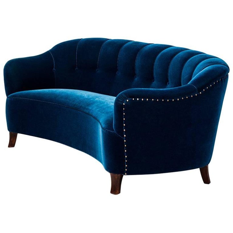 Curved Sofa in Blue Velvet Attributed to Otto Schulz at 1stDibs