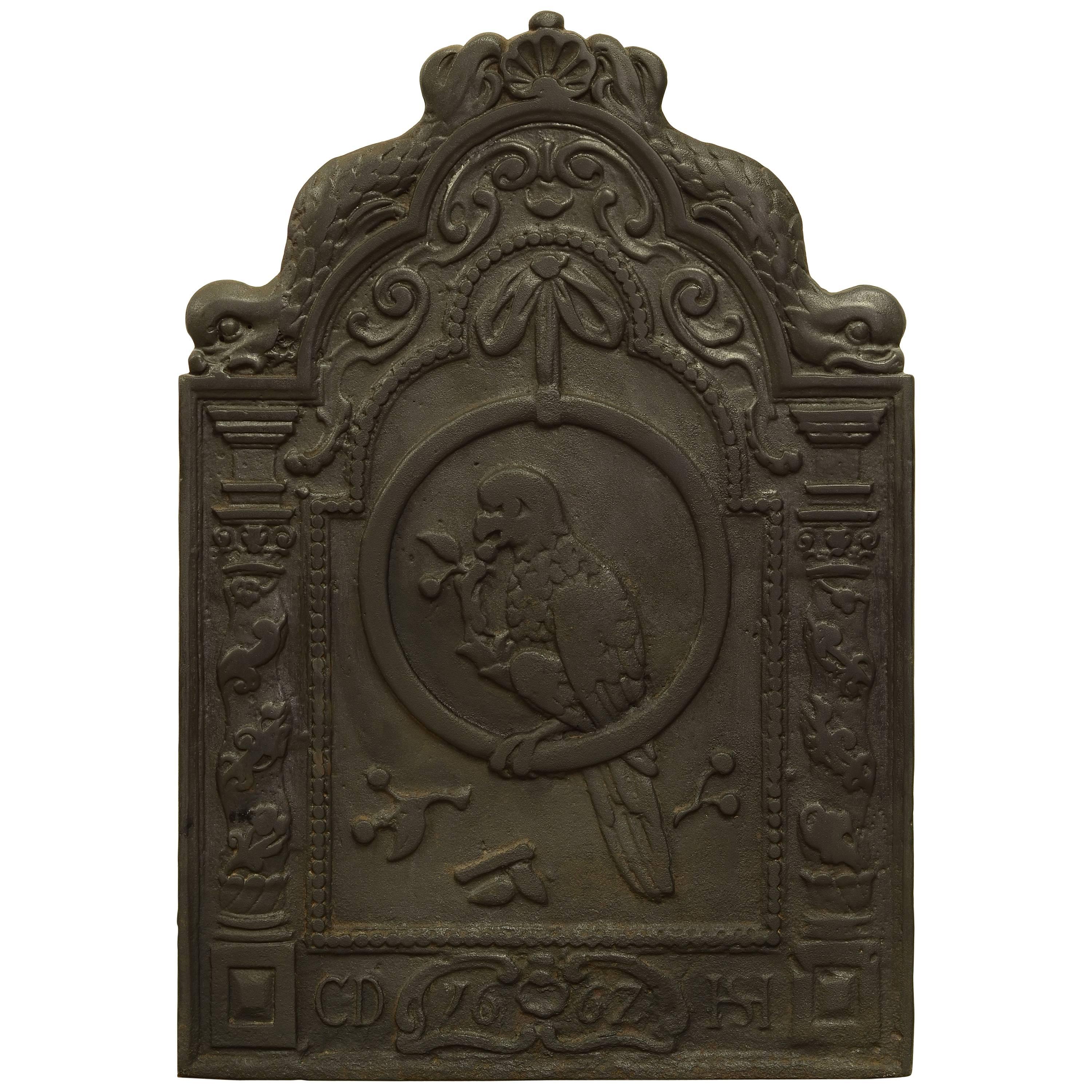 Antique Fireback Showing a Parrot in a Ring, 19th Century