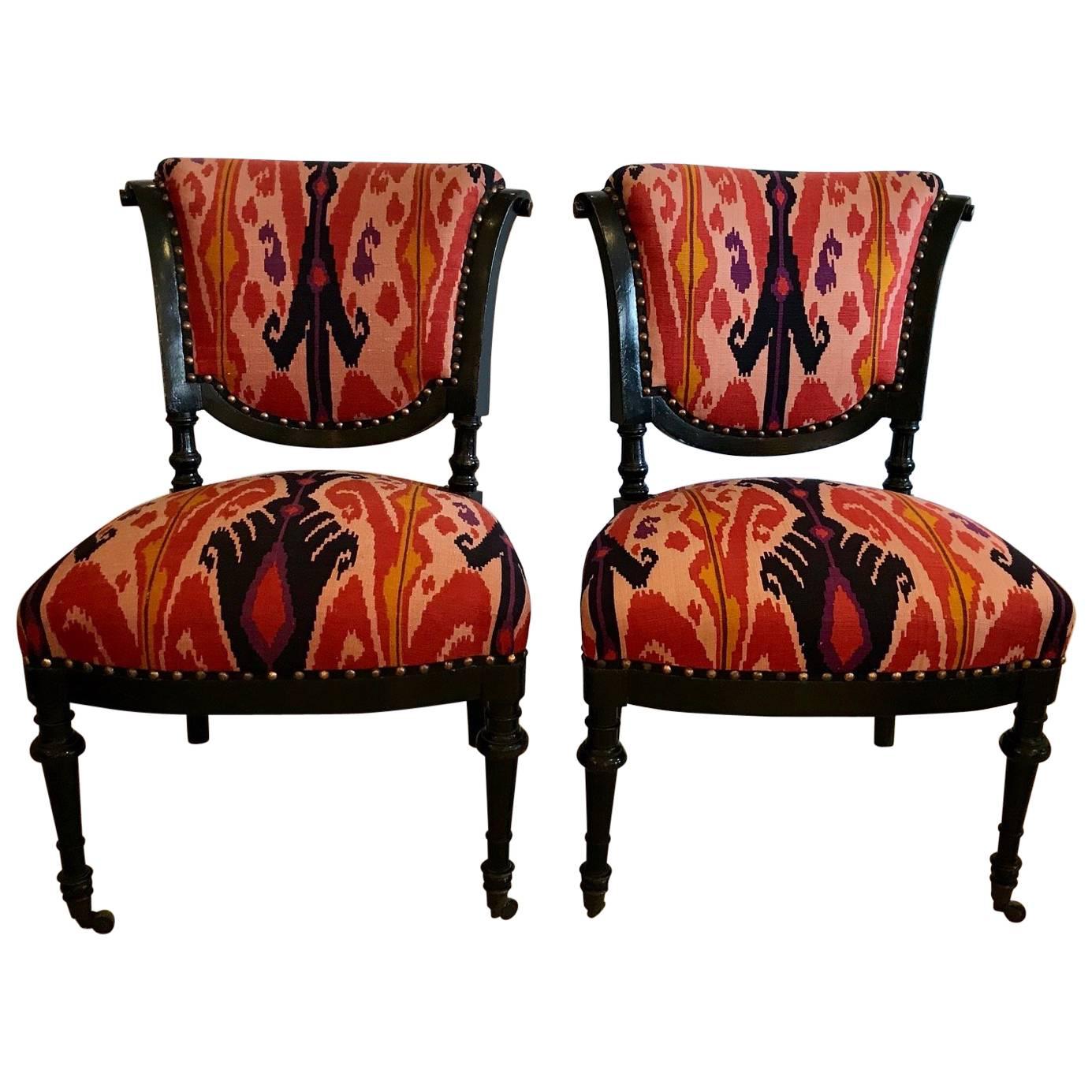 Chic Pair of French Side Chairs in Eye Popping Ikat