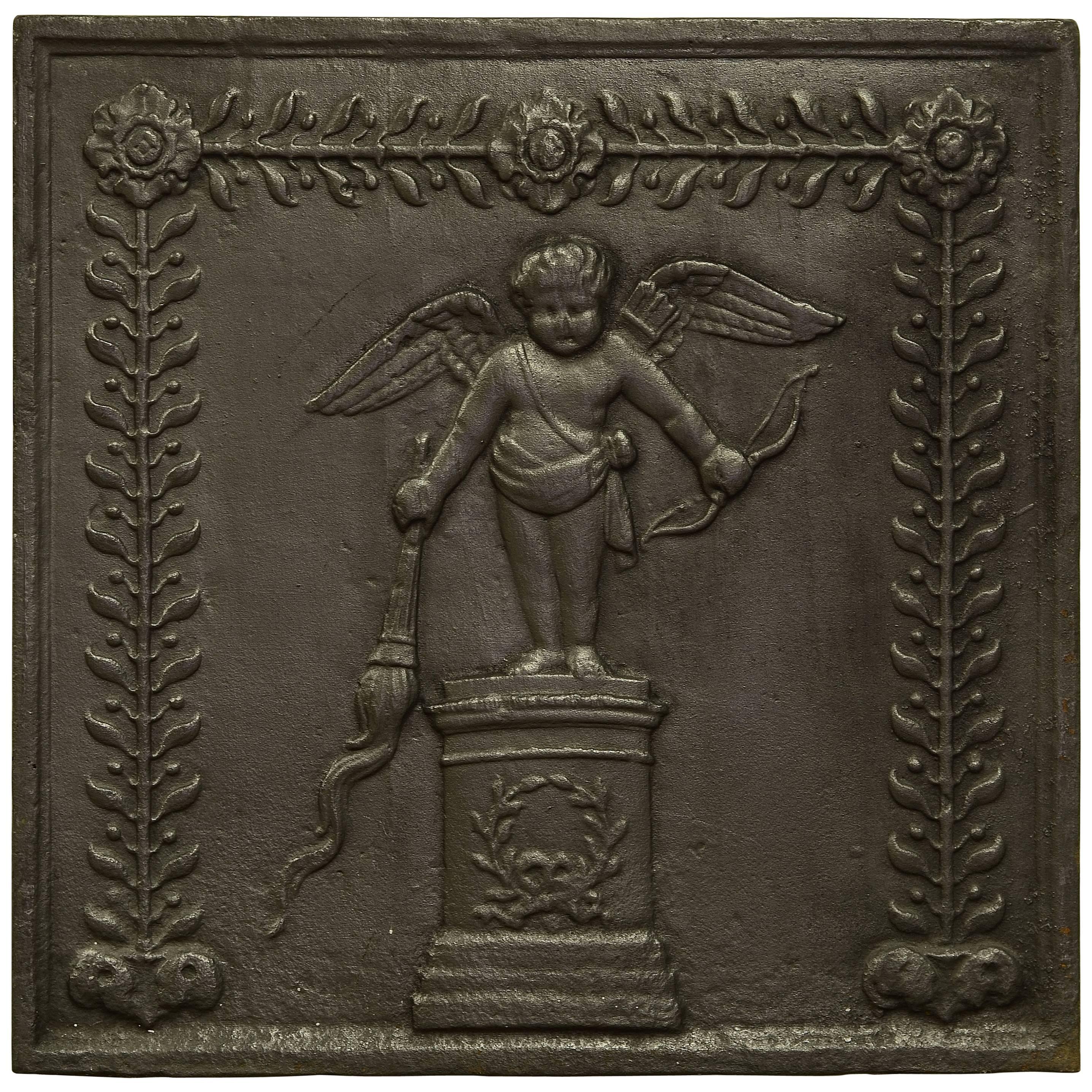 Antique Square Fireback, Cupid with Bow and Torch, 19th Century
