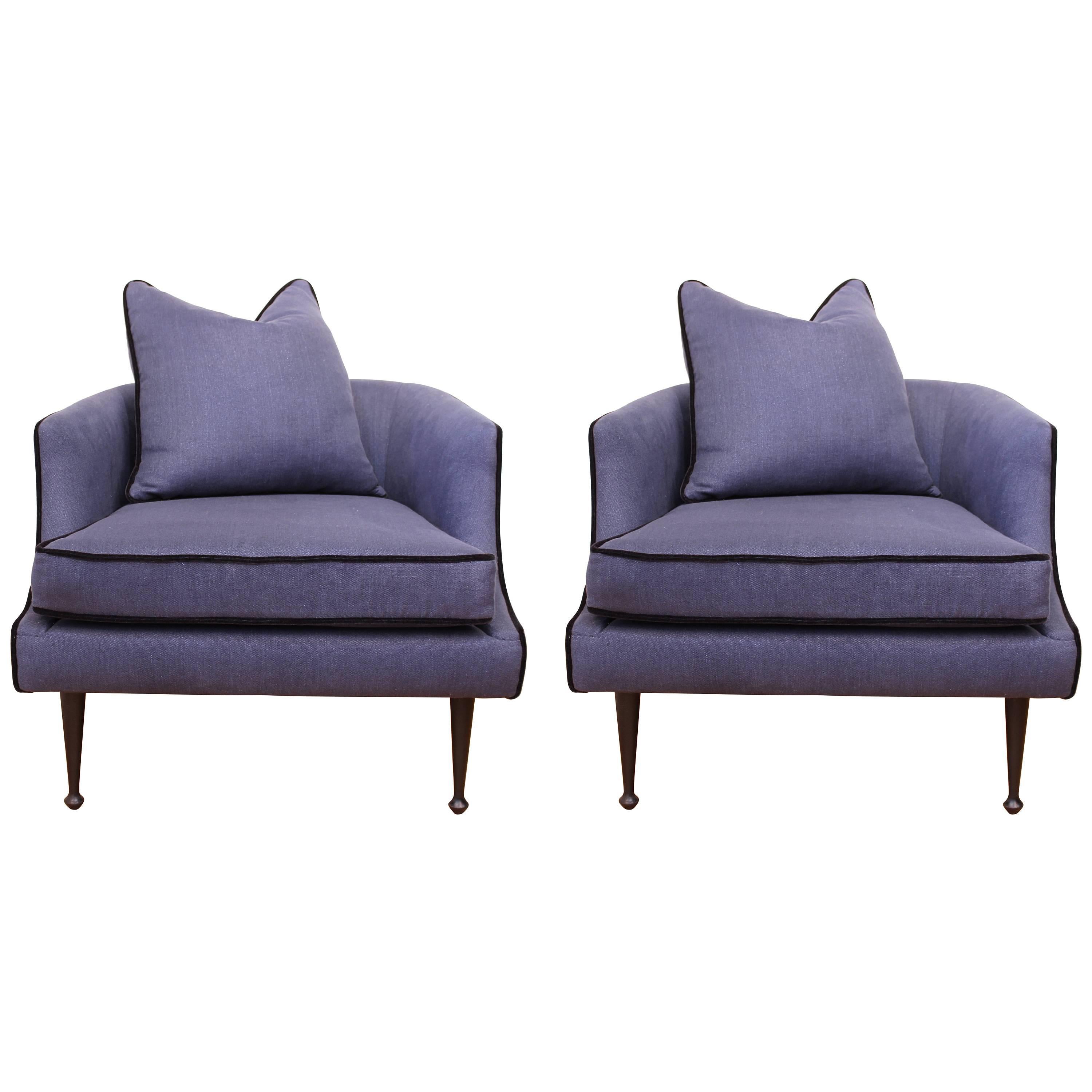 Hollywood Regency Club Chairs in Blue Linen with Ebonized Legs