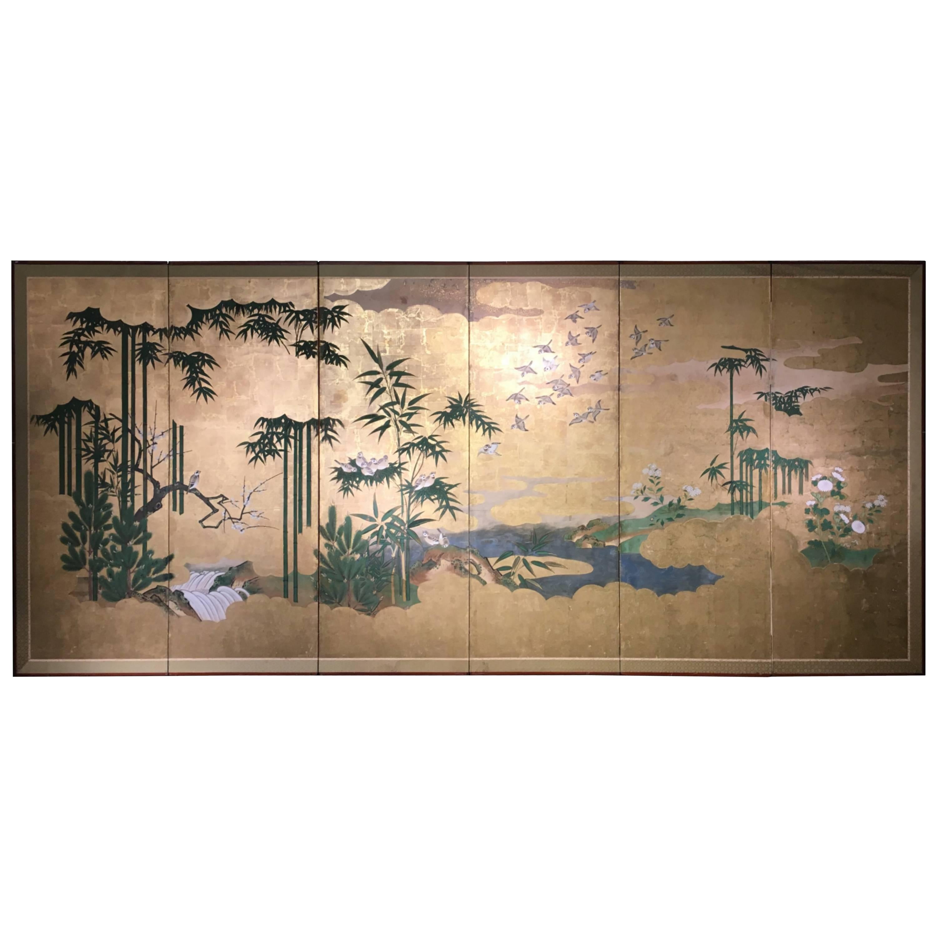 Japanese Six-Panel Screen, Sparrows and the Three Friends of Winter, circa 1800