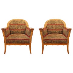 Antique Biedermeier Revival Armchairs with Elephant Upholstery in Quilted Golden Birch