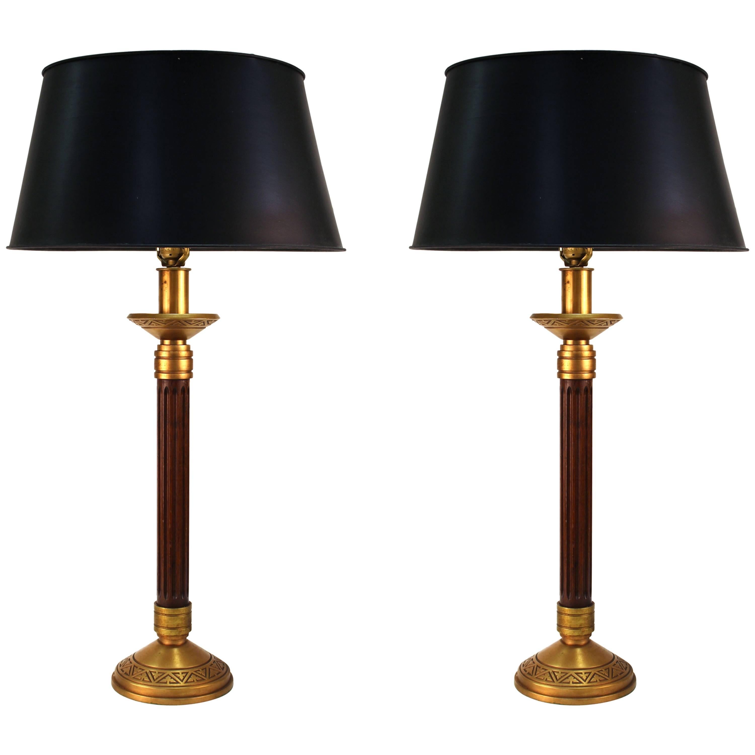 Mid-Century Modern Wood Column and Greek Key Table Lamps with Black Shades