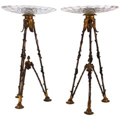 French Victorian Pastry Holders on Tripod Bronze Base and Val St. Lambert Glass