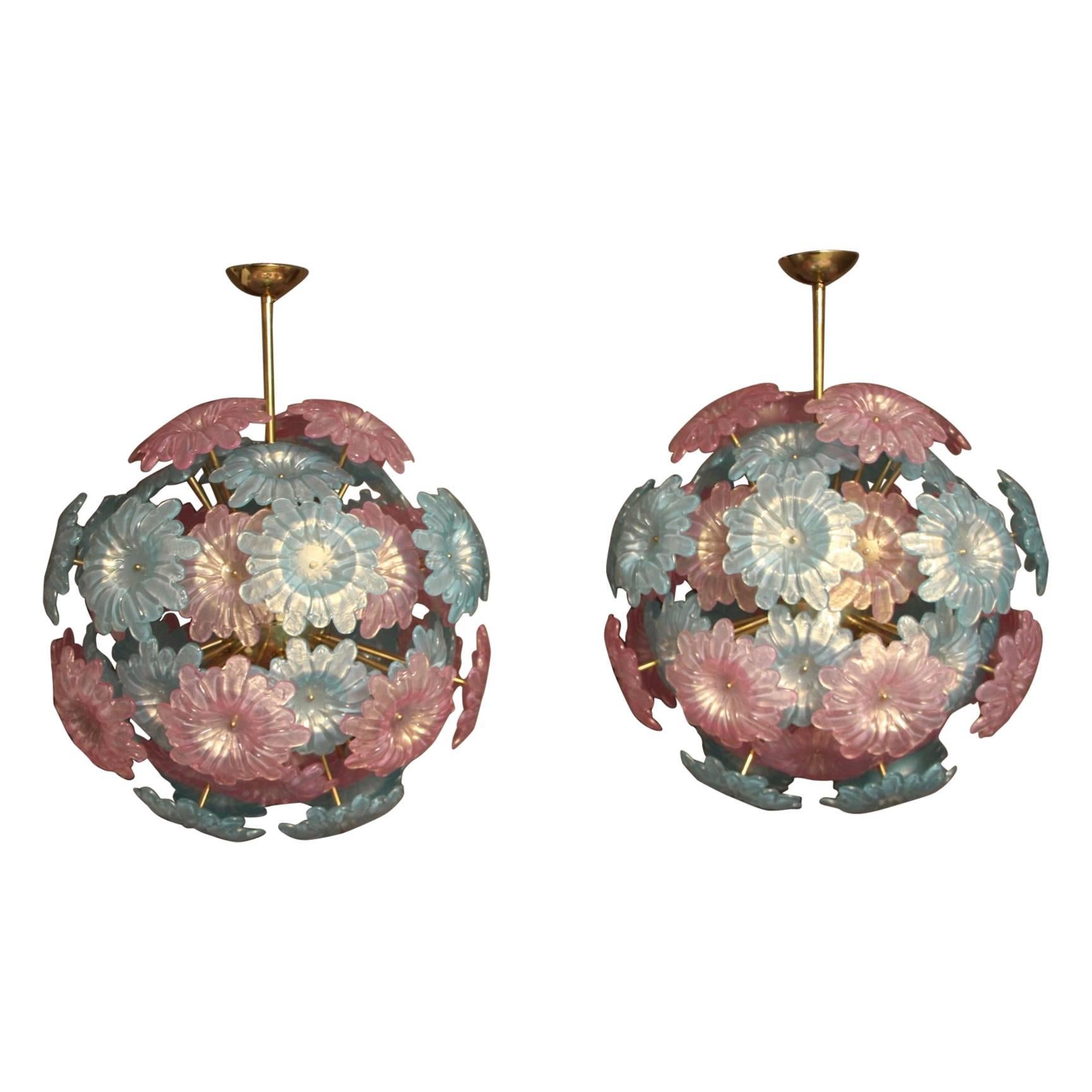 Pair of Sputnik Chandelier with Murano Glass Blue and Pink Flowers