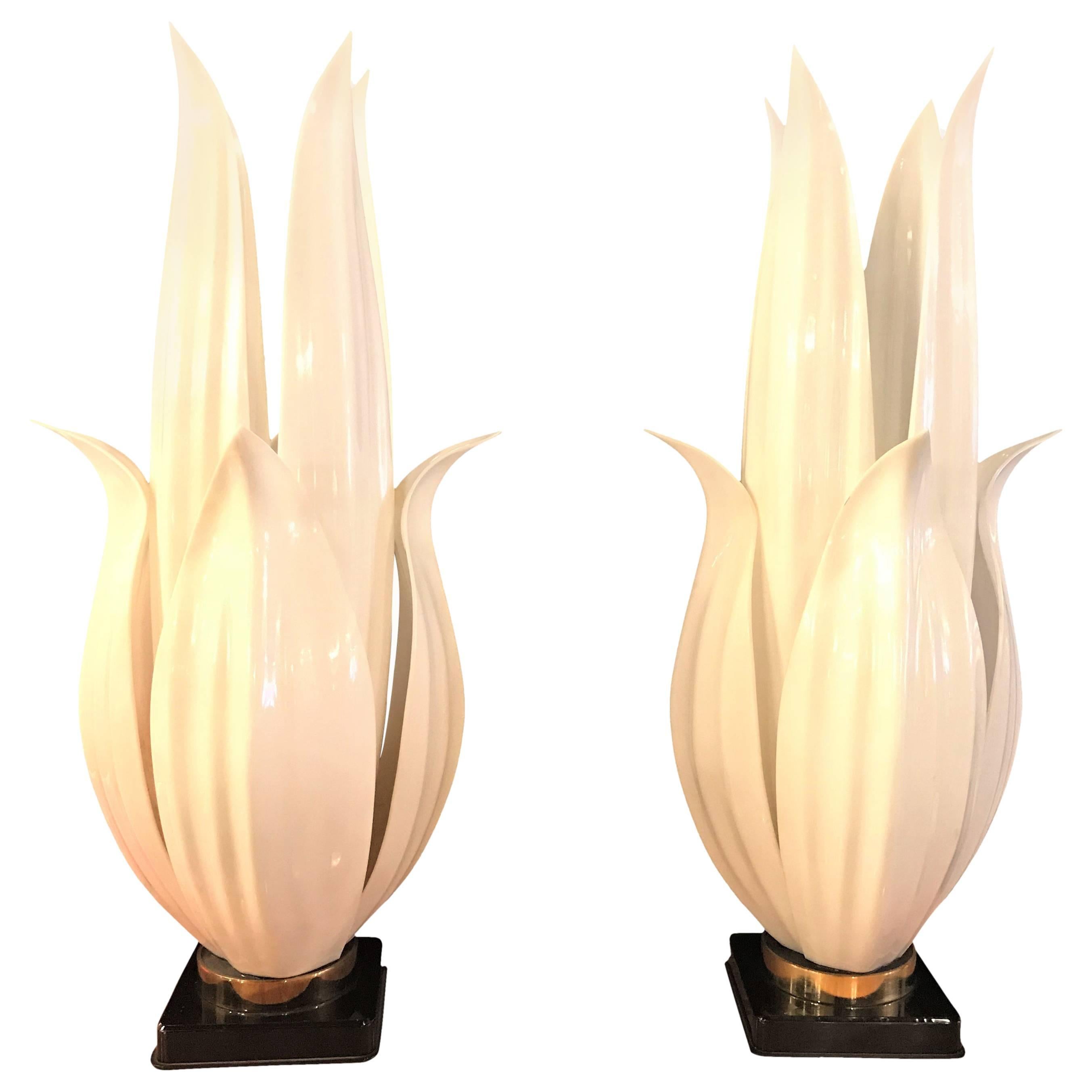 Pair of Vintage Rougier Table Lamps Crafted of White Lucite with Brass Hardware