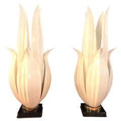 Pair of Vintage Rougier Table Lamps Crafted of White Lucite with Brass Hardware